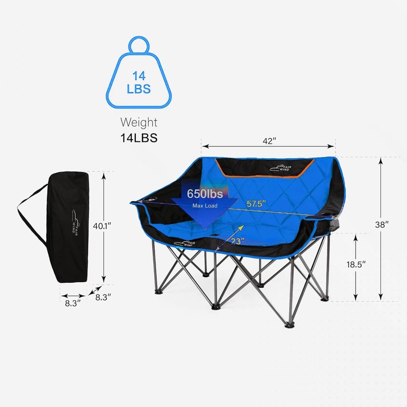 FAIR WIND Oversized Fully Padded Camping Chair Folding Loveseat Camping Couch Double Duo Chair Heavy Duty Quad Fold Arm Chair with Cup Hold - Supports 650 LBS Blue - Image 3
